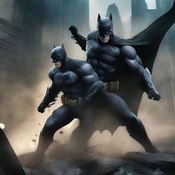 A high-quality digital art image featuring a unique scene where Batman is seen attacking another Batman