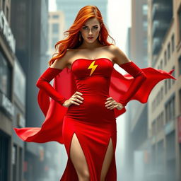 An extraordinary superheroine with fiery red hair, her bare shoulders and neck showcasing elegance and strength