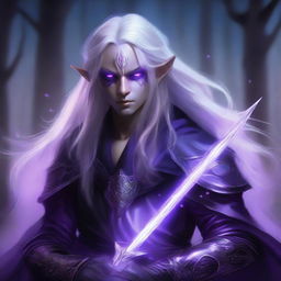 A stunning digital art piece of a dark elf boy with long, silver hair that shimmers under an unseen light