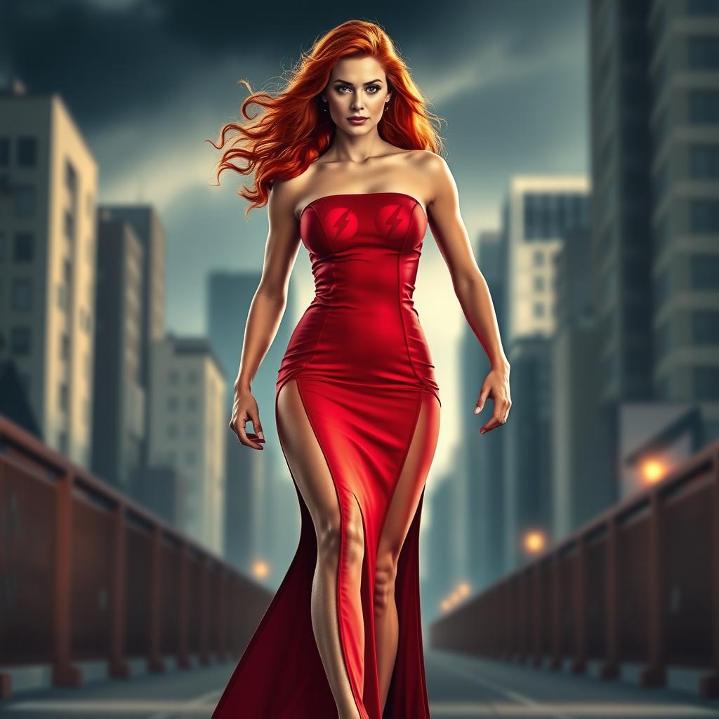 An extraordinary superheroine with fiery red hair, her bare shoulders and neck showcasing elegance and strength