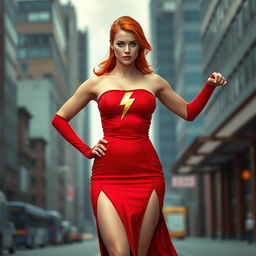 An extraordinary superheroine with fiery red hair, her bare shoulders and neck showcasing elegance and strength