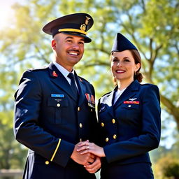 A romantic and proud couple photo featuring a handsome army officer in a crisp, well-fitted uniform with medals, alongside an elegant air force lady officer in a smart, tailored uniform