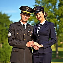 A romantic and proud couple photo featuring a handsome army officer in a crisp, well-fitted uniform with medals, alongside an elegant air force lady officer in a smart, tailored uniform