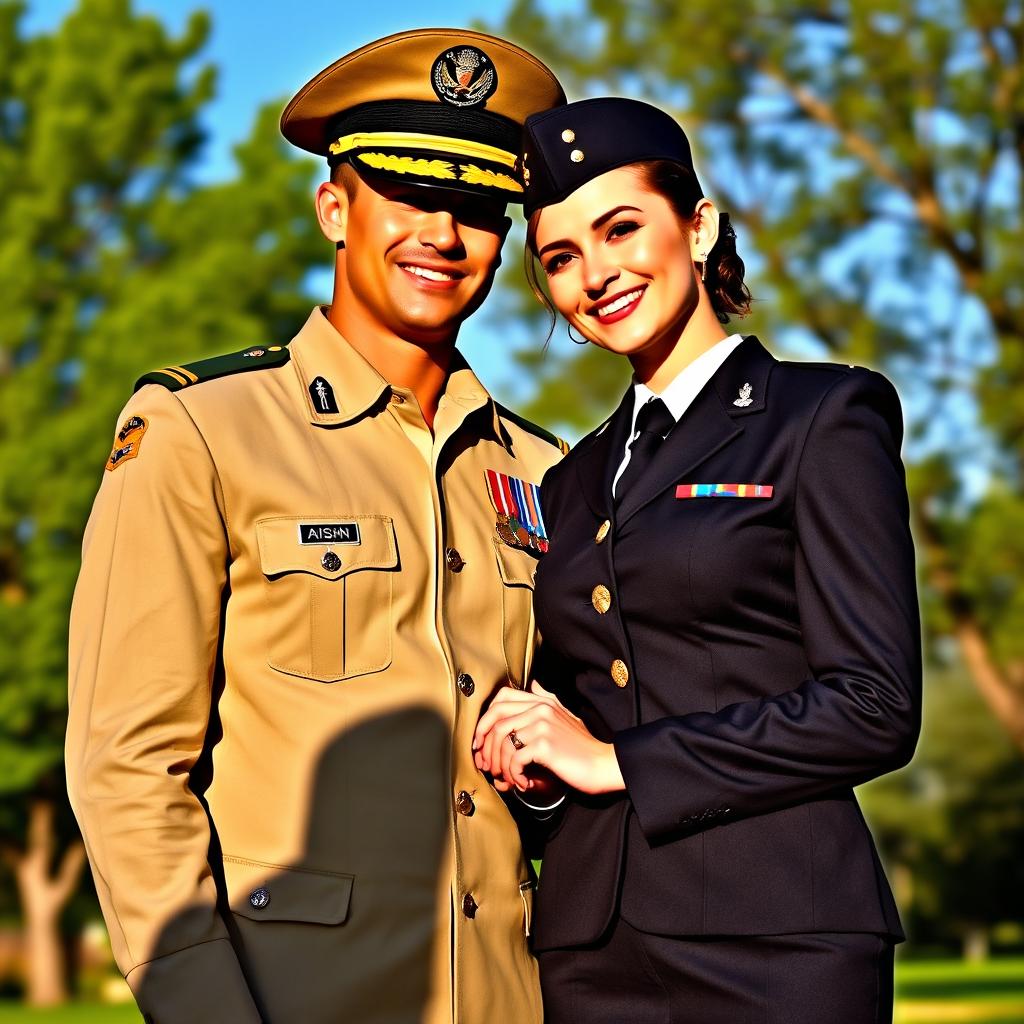 A romantic and proud couple photo featuring a handsome army officer in a crisp, well-fitted uniform with medals, alongside an elegant air force lady officer in a smart, tailored uniform