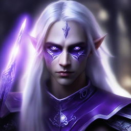 A stunning digital art piece of a dark elf boy with long, silver hair that shimmers under an unseen light