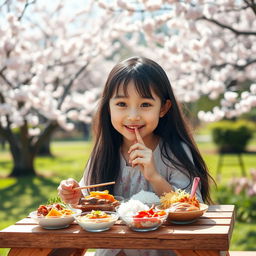 A beautiful, innocent-looking Korean girl enjoying a peaceful lunch in a serene park setting