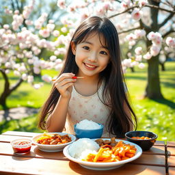 A beautiful, innocent-looking Korean girl enjoying a peaceful lunch in a serene park setting