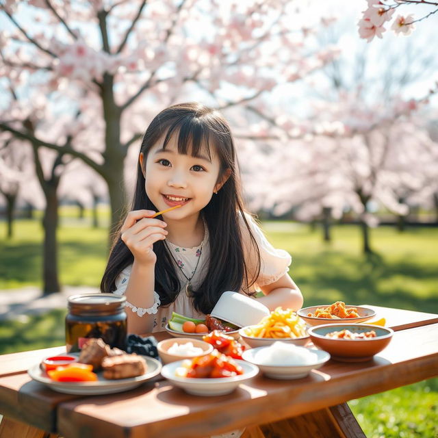 A beautiful, innocent-looking Korean girl enjoying a peaceful lunch in a serene park setting