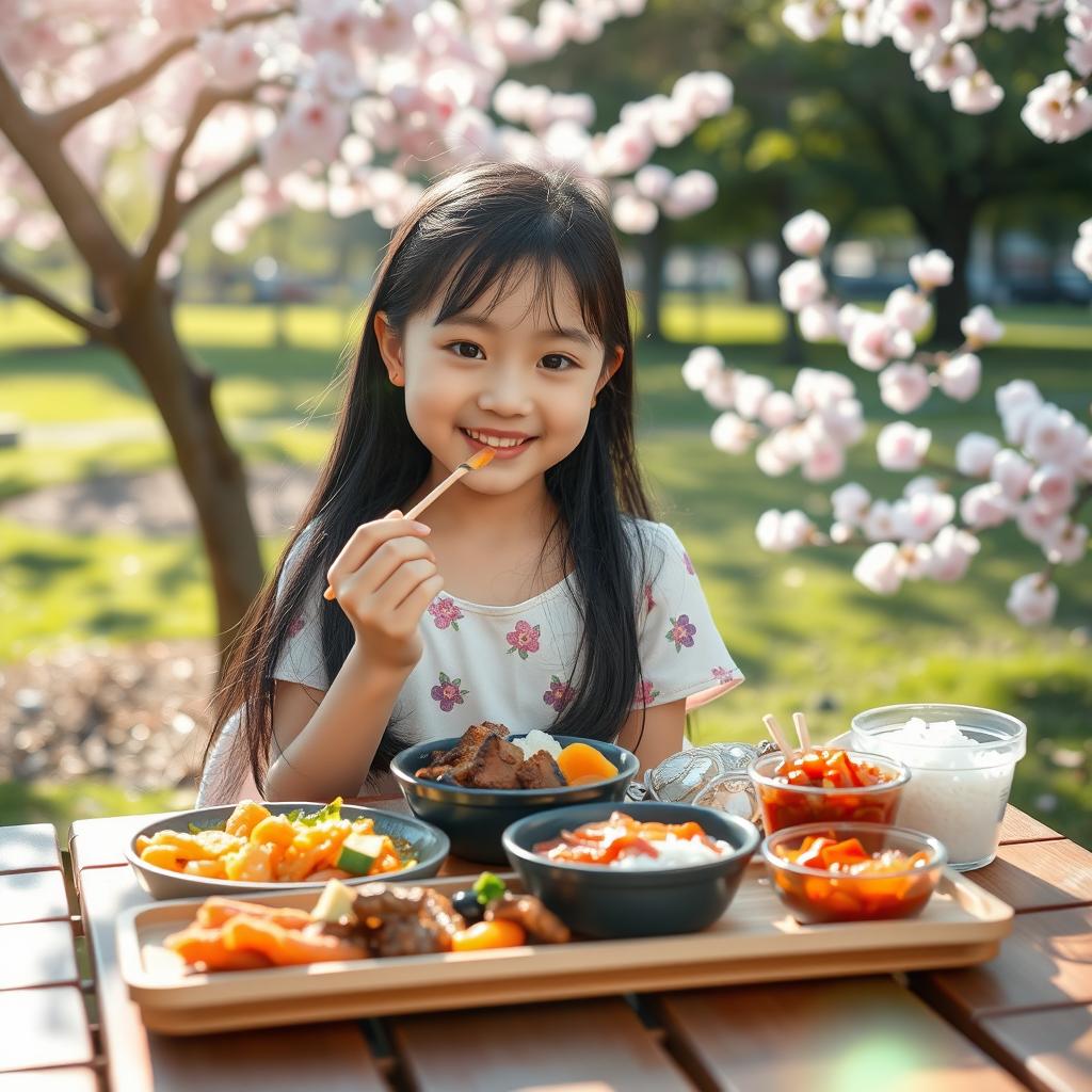 A beautiful, innocent-looking Korean girl enjoying a peaceful lunch in a serene park setting