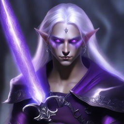 A stunning digital art piece of a dark elf boy with long, silver hair that shimmers under an unseen light