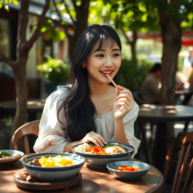 A beautiful, innocent-looking Korean woman enjoying a serene lunch at a charming outdoor cafe