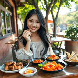 A beautiful, innocent-looking Korean woman enjoying a serene lunch at a charming outdoor cafe