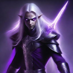 A stunning digital art piece of a dark elf boy with long, silver hair that shimmers under an unseen light