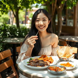A beautiful, innocent-looking Korean woman enjoying a serene lunch at a charming outdoor cafe