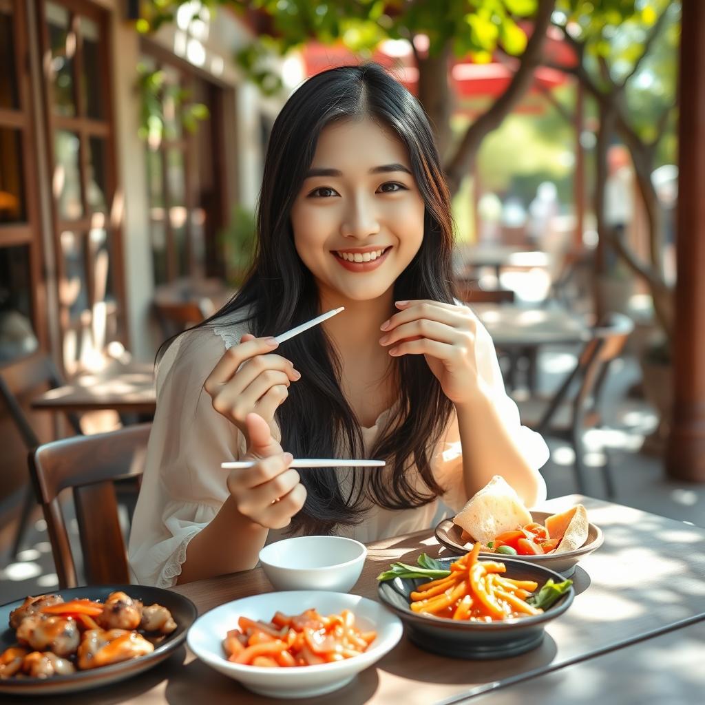 A beautiful, innocent-looking Korean woman enjoying a serene lunch at a charming outdoor cafe