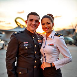 A romantic couple photo featuring an army officer in a crisp, neatly pressed uniform and a beautiful airforce lady officer in her formal attire, standing side by side against a backdrop of an aircraft and military vehicles