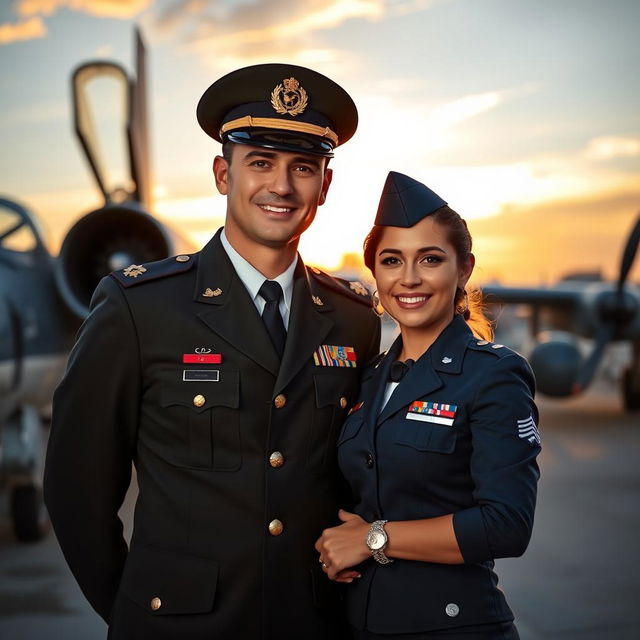 A romantic couple photo featuring an army officer in a crisp, neatly pressed uniform and a beautiful airforce lady officer in her formal attire, standing side by side against a backdrop of an aircraft and military vehicles