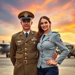 A romantic couple photo featuring an army officer in a crisp, neatly pressed uniform and a beautiful airforce lady officer in her formal attire, standing side by side against a backdrop of an aircraft and military vehicles