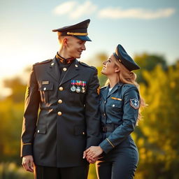 A romantic couple photo featuring a young male army officer in a dress uniform and a young female air force officer in her service attire
