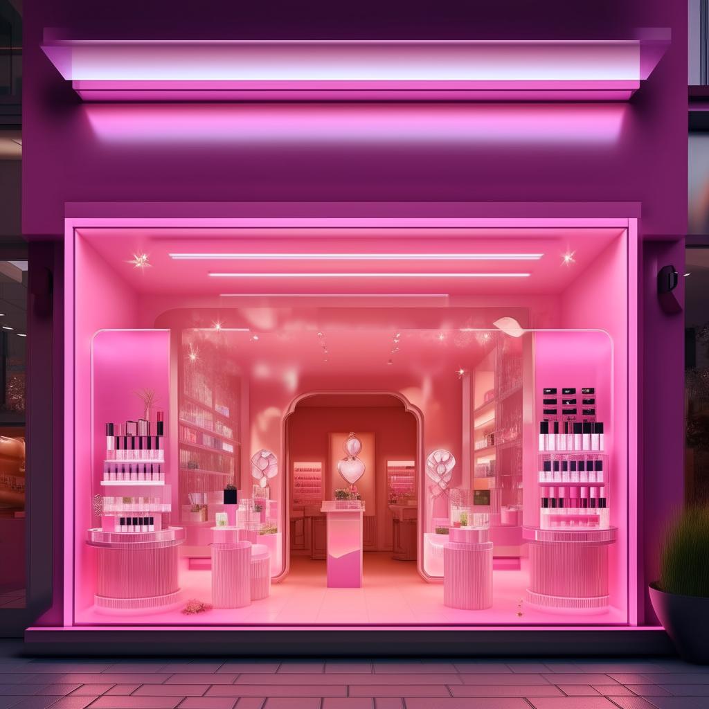 Visualize a 3 meter wide cosmetics shop with appealing outdoor decorations. Showcase vibrant signage, window displays with beauty products, and stylish facade to attract customers