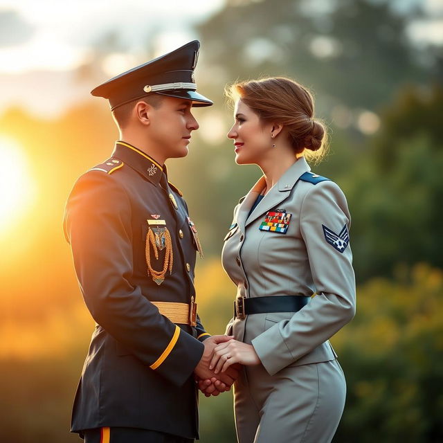 A romantic couple photo featuring a young male army officer in a dress uniform and a young female air force officer in her service attire