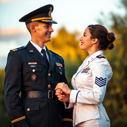 A romantic couple photo featuring a young male army officer in a dress uniform and a young female air force officer in her service attire