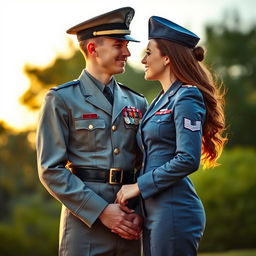 A romantic couple photo featuring a young male army officer in a dress uniform and a young female air force officer in her service attire