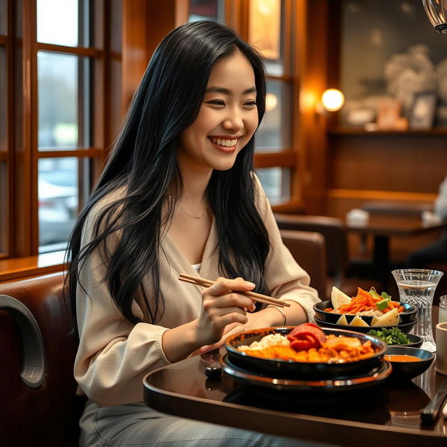 A beautiful, innocent-looking Korean woman enjoying a delightful lunch at a cozy restaurant