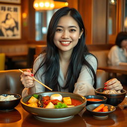 A beautiful, innocent-looking Korean woman enjoying a delightful lunch at a cozy restaurant