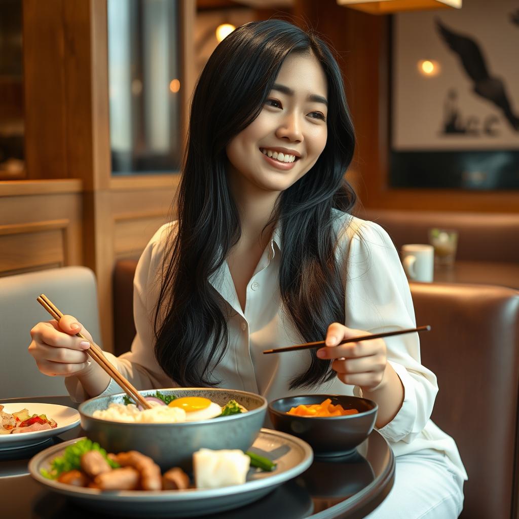 A beautiful, innocent-looking Korean woman enjoying a delightful lunch at a cozy restaurant