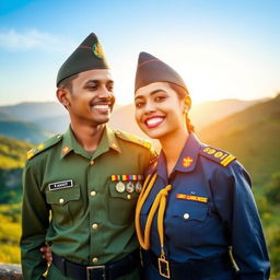 A couple portrait capturing a young Sri Lankan Army officer in full uniform, standing proudly with a Sri Lankan Air Force lady officer beside him, also dressed in her military uniform