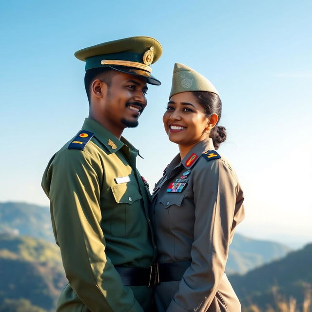 A couple portrait capturing a young Sri Lankan Army officer in full uniform, standing proudly with a Sri Lankan Air Force lady officer beside him, also dressed in her military uniform