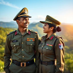 A couple portrait capturing a young Sri Lankan Army officer in full uniform, standing proudly with a Sri Lankan Air Force lady officer beside him, also dressed in her military uniform