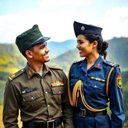 A couple portrait capturing a young Sri Lankan Army officer in full uniform, standing proudly with a Sri Lankan Air Force lady officer beside him, also dressed in her military uniform