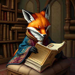 A whimsical fox dressed in ornate, colorful robes, deeply engrossed in reading a large, ancient book