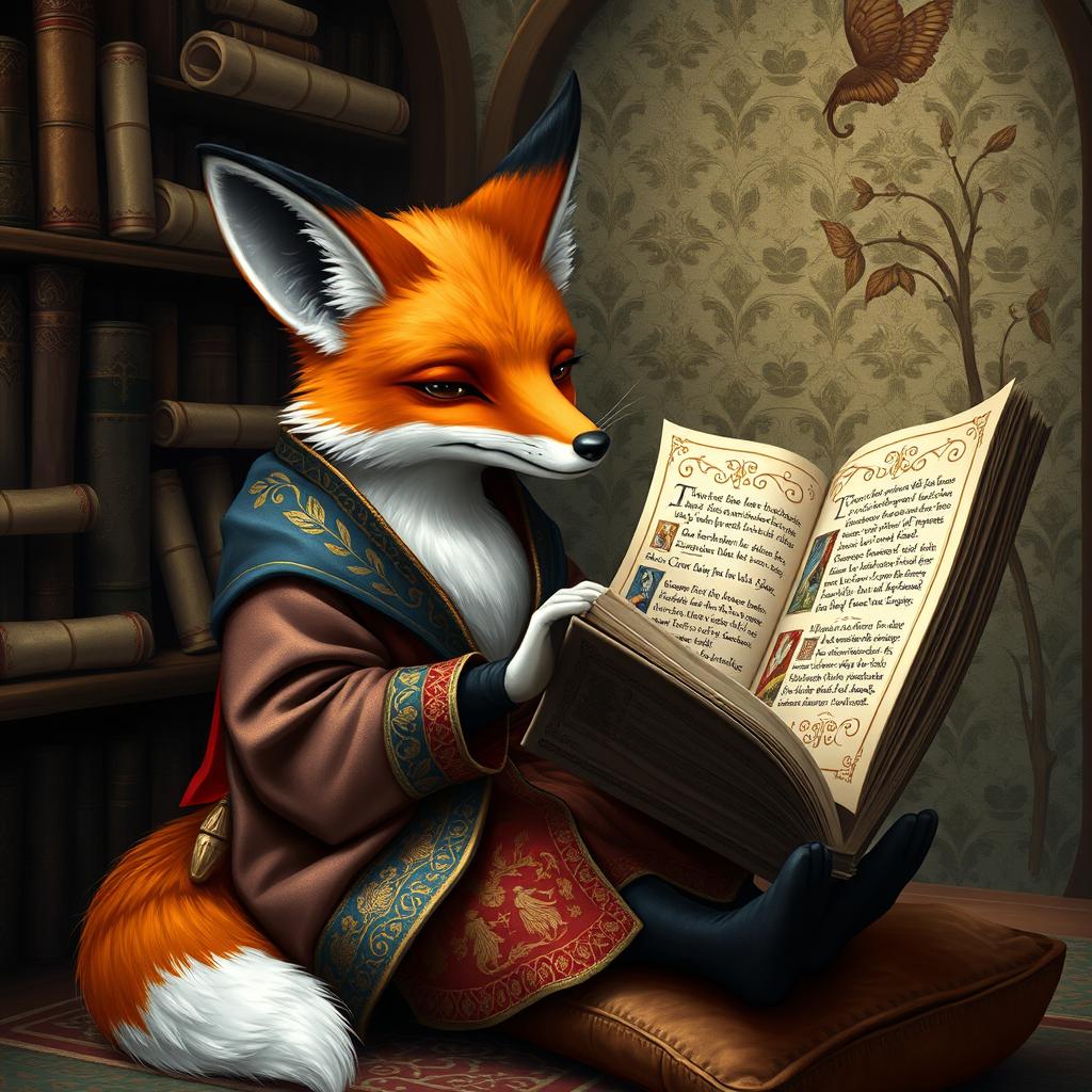 A whimsical fox dressed in ornate, colorful robes, deeply engrossed in reading a large, ancient book