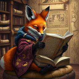A whimsical fox dressed in ornate, colorful robes, deeply engrossed in reading a large, ancient book