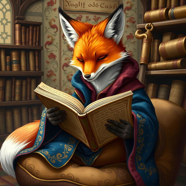 A whimsical fox dressed in ornate, colorful robes, deeply engrossed in reading a large, ancient book