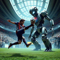 Lionel Messi in a futuristic space stadium, wearing his signature football uniform, mid-action delivering a powerful kick to a football