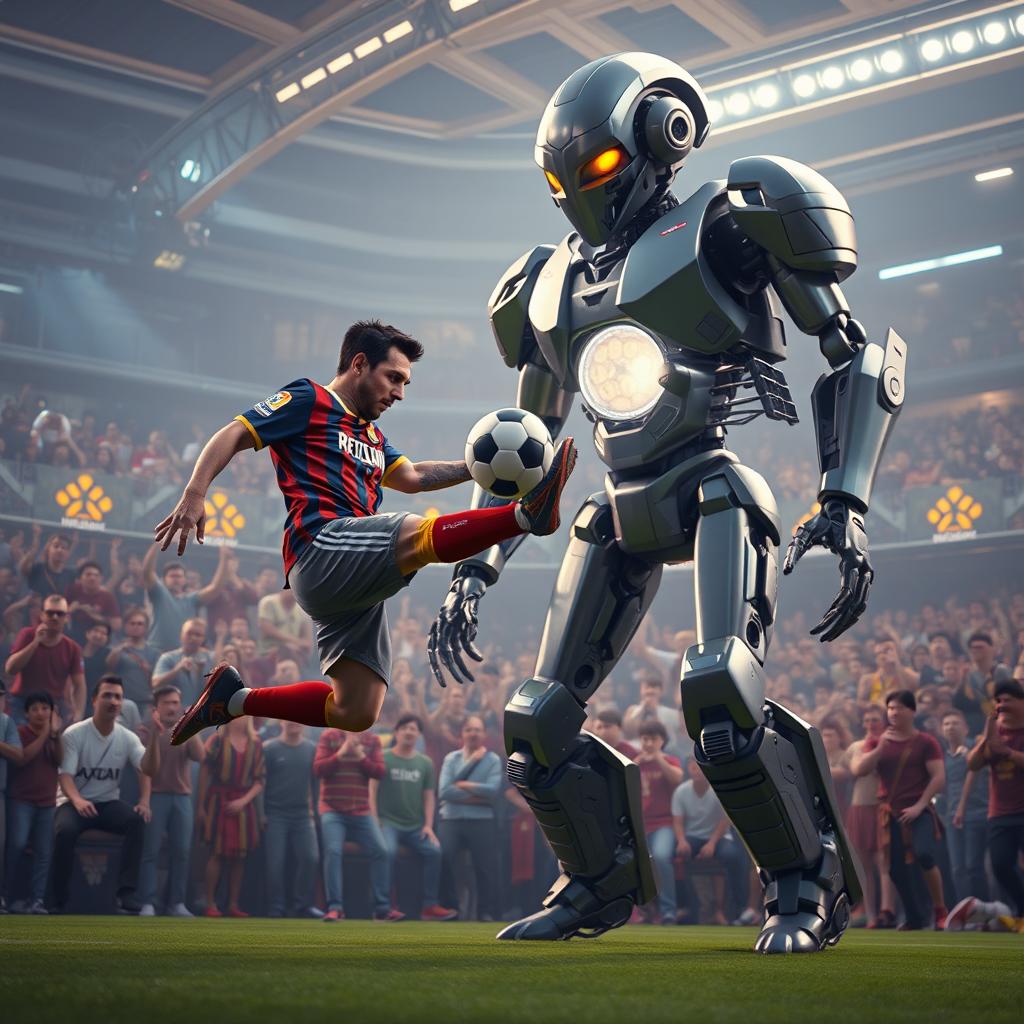 Lionel Messi in a futuristic space stadium, wearing his signature football uniform, mid-action delivering a powerful kick to a football