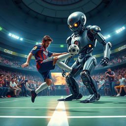 Lionel Messi in a futuristic space stadium, wearing his signature football uniform, mid-action delivering a powerful kick to a football