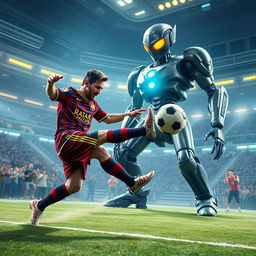 Lionel Messi in a futuristic space stadium, wearing his signature football uniform, mid-action delivering a powerful kick to a football