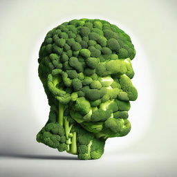 A high-quality digital art piece depicting a human head, meticulously crafted entirely from pieces of broccoli