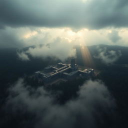 Aerial view of the haunting and mysterious Unit 731 facility, showcasing its stark architecture and sprawling grounds nestled within a dense forest