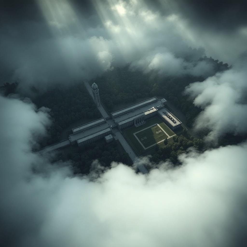 Aerial view of the haunting and mysterious Unit 731 facility, showcasing its stark architecture and sprawling grounds nestled within a dense forest