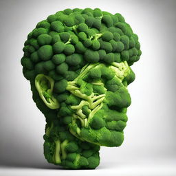 A high-quality digital art piece depicting a human head, meticulously crafted entirely from pieces of broccoli