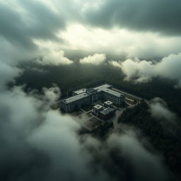 Aerial view of the haunting and mysterious Unit 731 facility, showcasing its stark architecture and sprawling grounds nestled within a dense forest