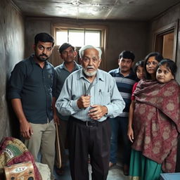 An amusing scene depicting a family standing in a shabby, inexpensive-looking room