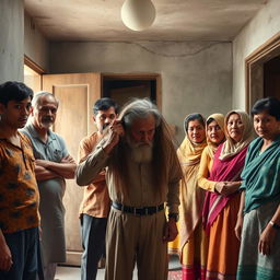 An amusing scene depicting a family standing in a shabby, inexpensive-looking room