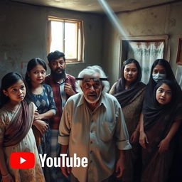 An amusing scene depicting a family standing in a shabby, inexpensive-looking room